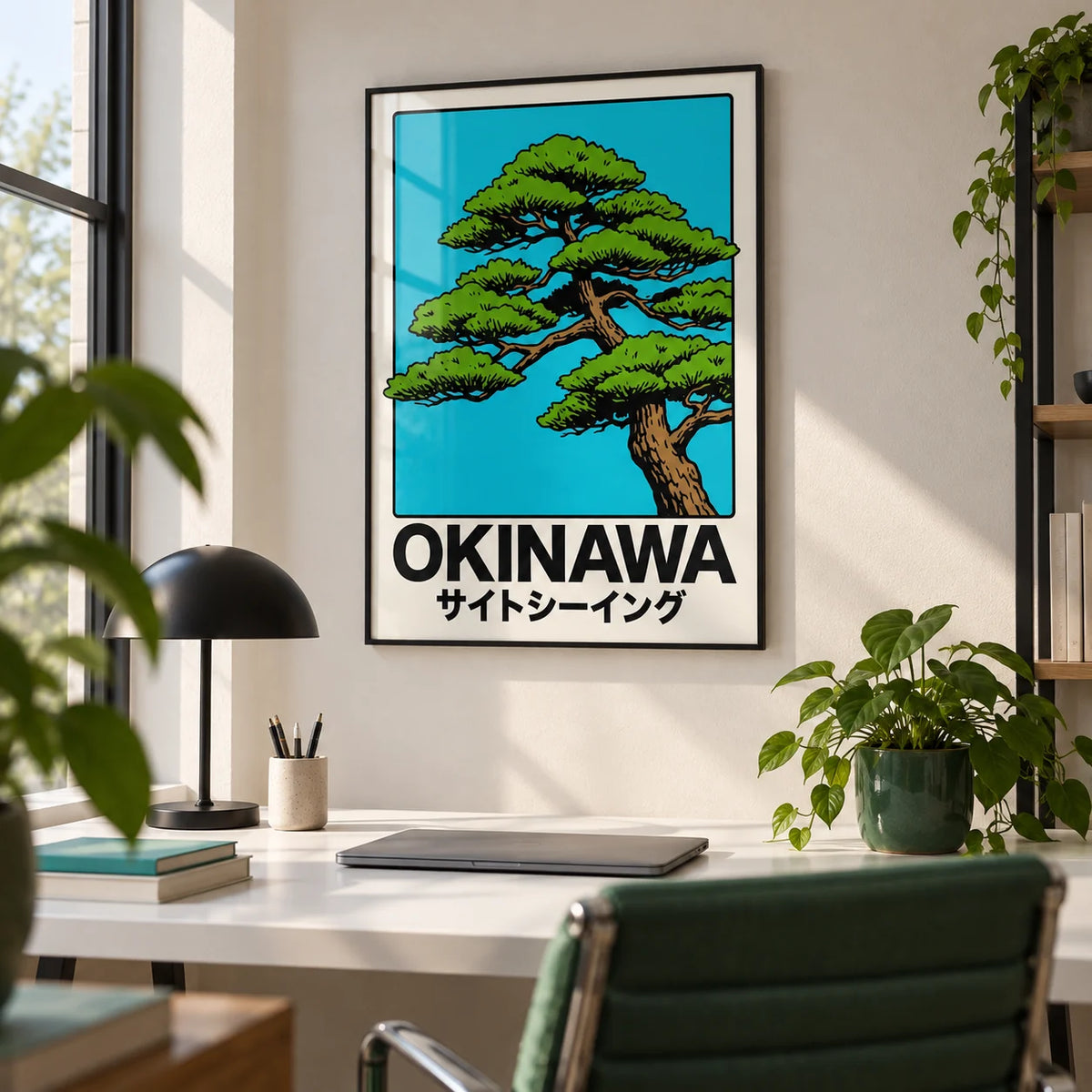 Japanese Tree Print, framed on the wall of a modern home office