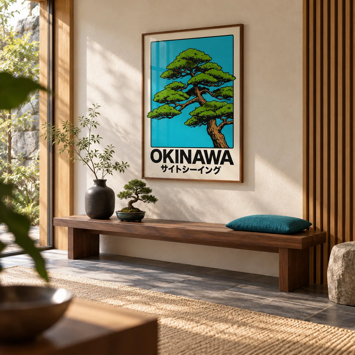 Japanese Tree Print, framed on the wall of a modern Japanese-style entryway