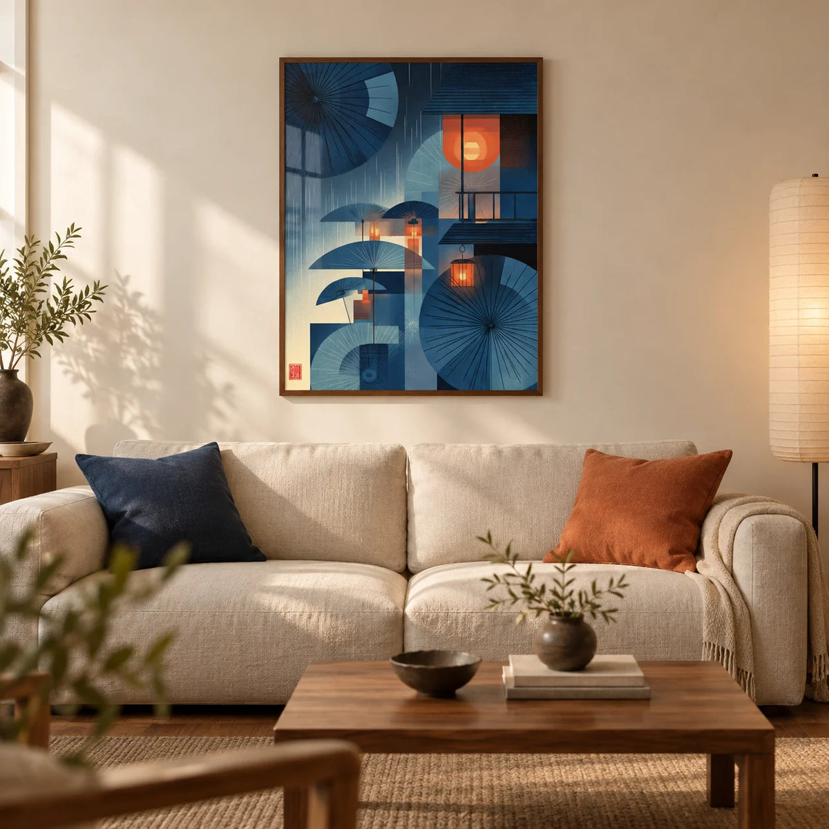Japanese Umbrella Wall Art, framed on the wall of a calm Japanese-inspired living room in a UK city flat with a warm cream wall and walnut floor
