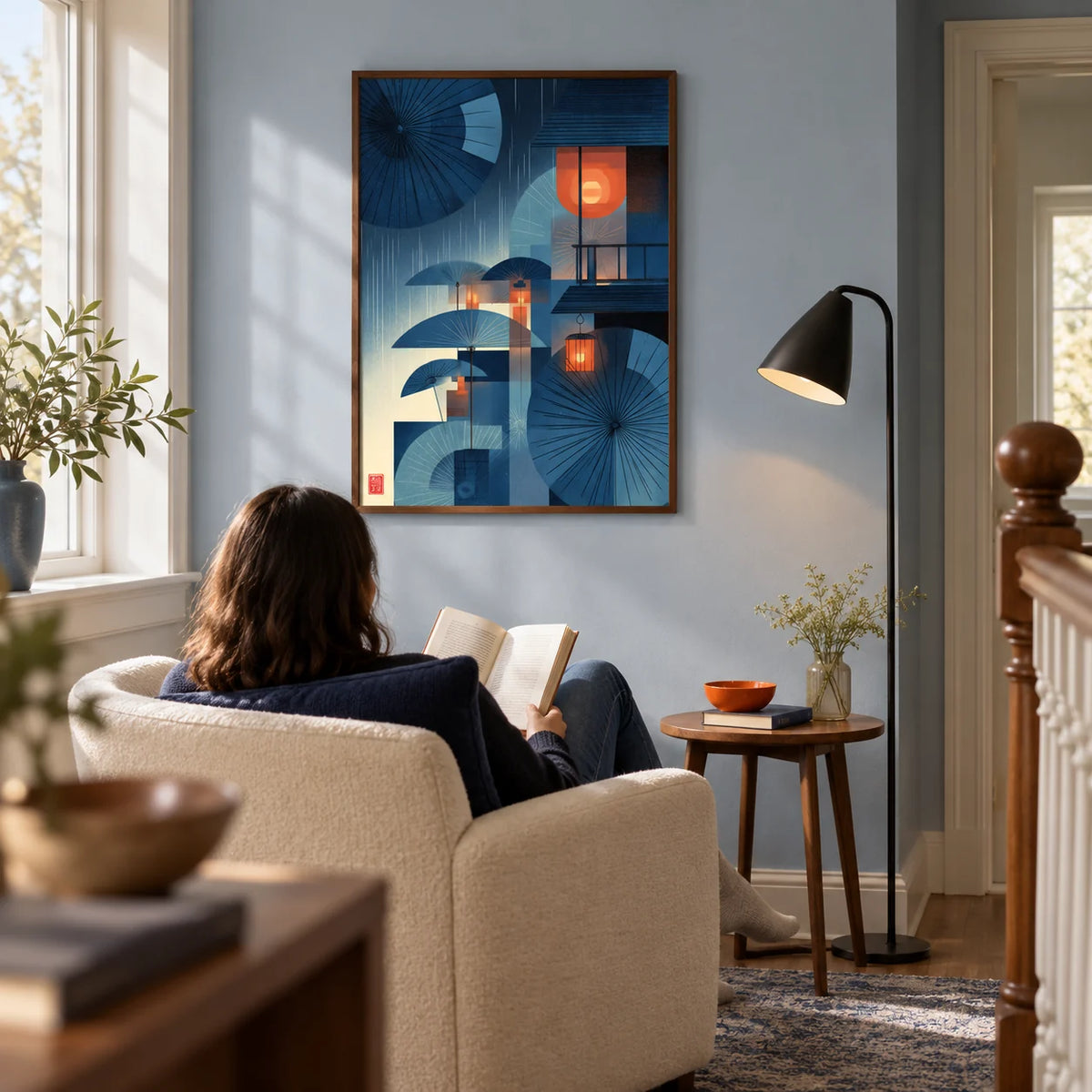 Japanese Umbrella Wall Art, framed on the wall of a quiet reading corner on a spacious terraced-house landing with a pale blue wall in a living room