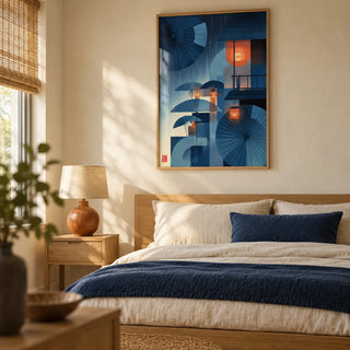 Japanese Umbrella Wall Art, framed on the wall of a restful Japandi bedroom in a UK home with a warm cream plaster wall