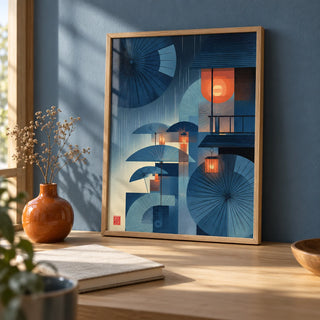 Japanese Umbrella Wall Art, a small A4 framed print leaning on a pale oak desk
