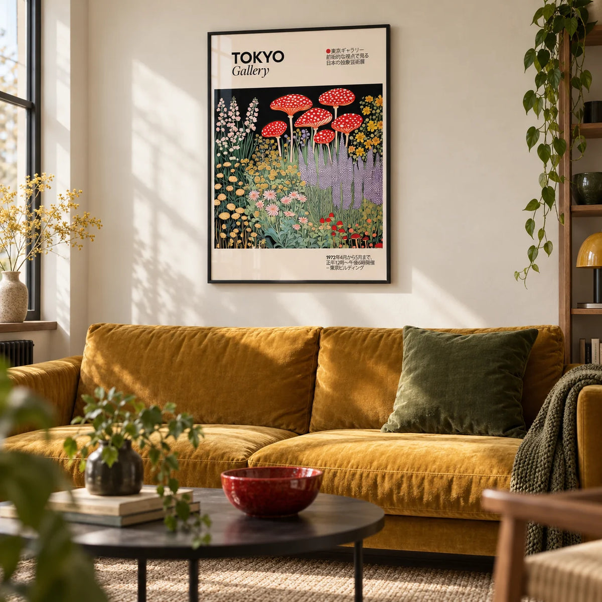 Japanese Vintage Art, framed on the wall of a cosy living room with a warm white wall