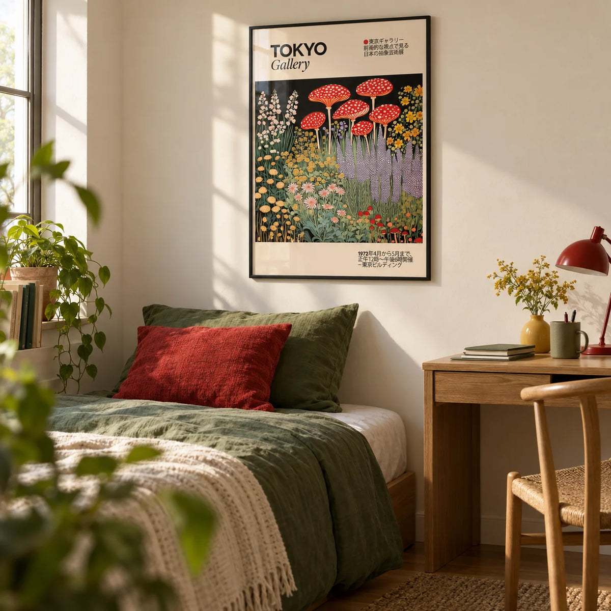 Japanese Vintage Art, framed on the wall of a cosy single bedroom for a young adult (18-25) with a warm white wall