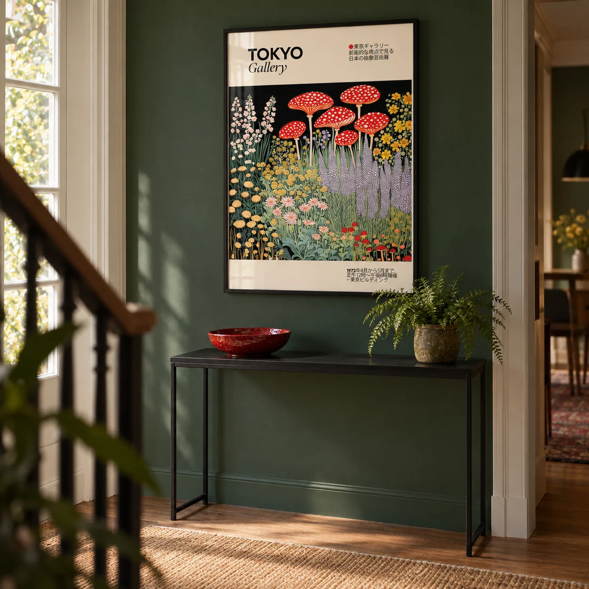 Japanese Vintage Art, framed on the wall of a hallway with a deep green wall