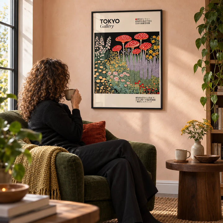 Japanese Vintage Art, framed on the wall of a reading nook with a peach limewash wall in a living room