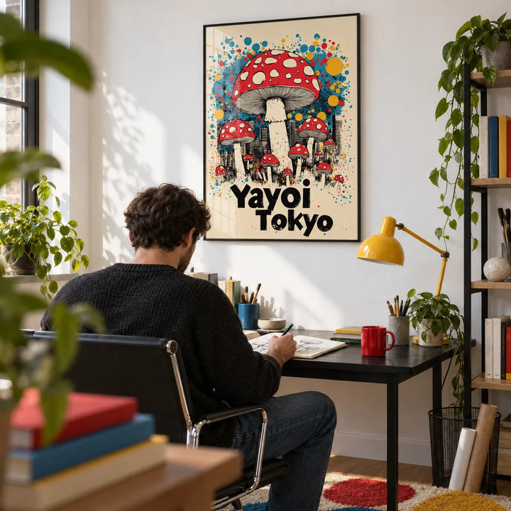 Japanese Vintage Prints, framed on the wall of a creative home office with a white wall