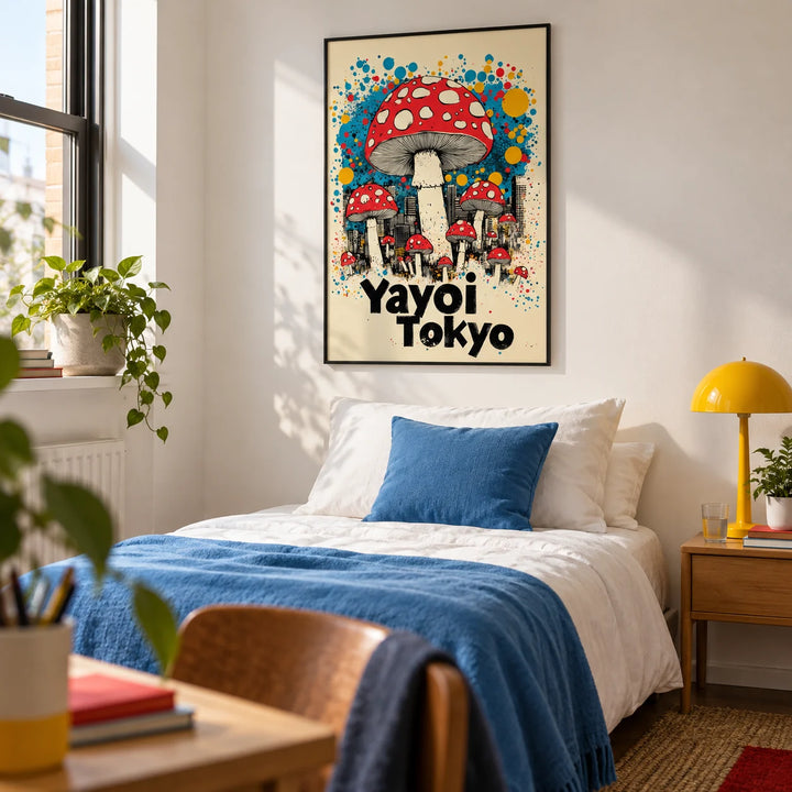 Japanese Vintage Prints, framed on the wall of a modern single bedroom for a young adult (18-25) with a white wall