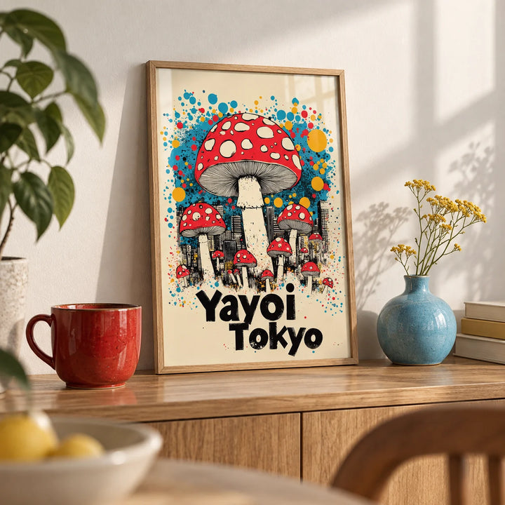 Japanese Vintage Prints, a small A4 framed print leaning on an oak shelf in a living room