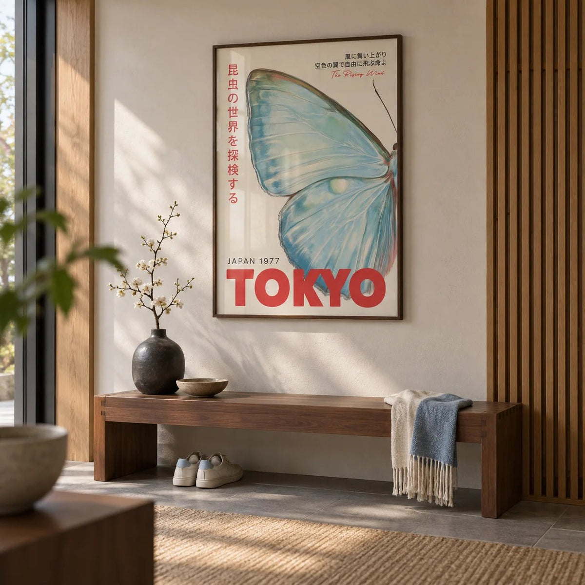 Japanese Wall Art, framed on the wall of a modern Japanese-style entryway