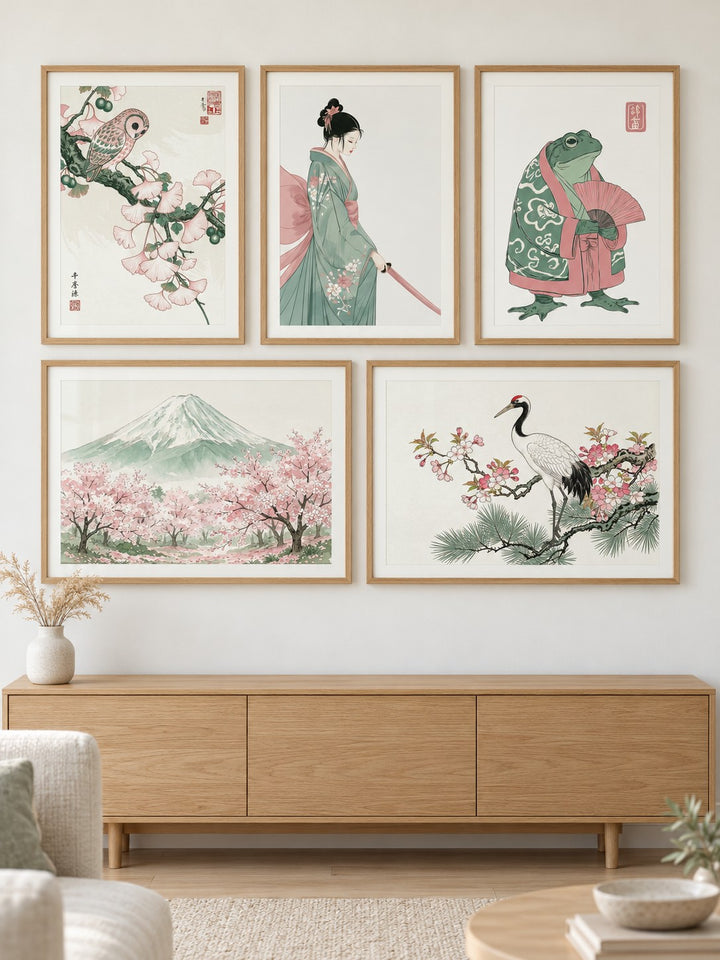 Japanese Wall Art Set hung at eye level above a light oak sideboard: Owl on Ginkgo, Japanese Samurai Woman and Frog in Kimono shown framed side by side (frames not included)