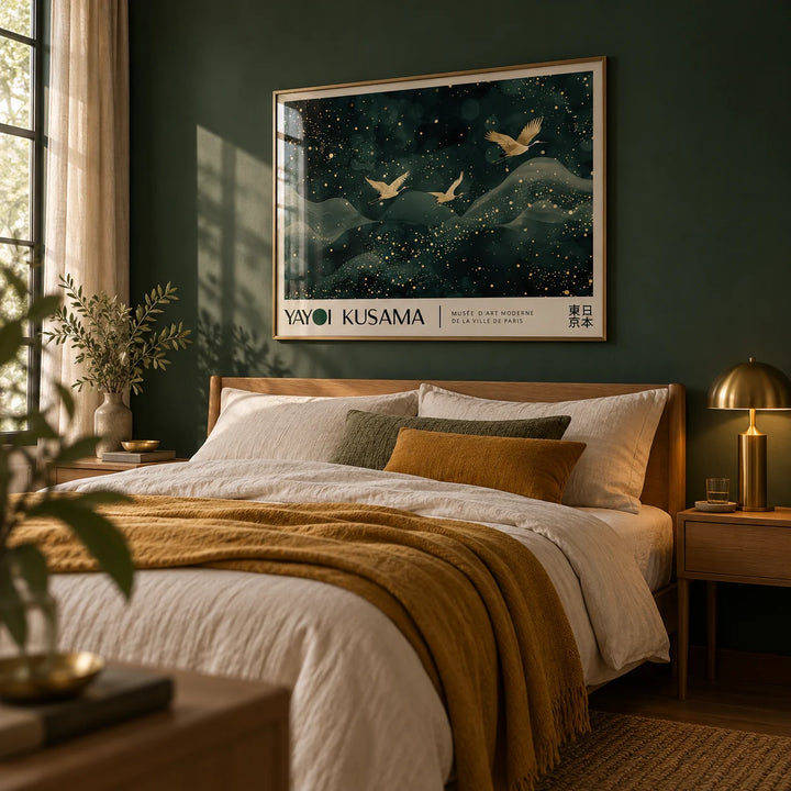 Japanese Wall Hanging, framed on the wall of a calm grown-up bedroom with a deep forest green painted wall