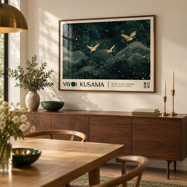 Japanese Wall Hanging, framed on the wall of a modern dining room with a warm white wall