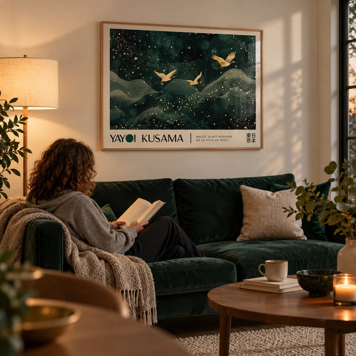 Japanese Wall Hanging, framed on the wall of a quiet evening living room with a soft cream wall