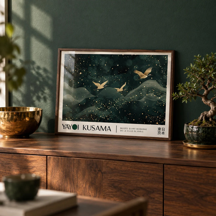 Japanese Wall Hanging, a small A4 framed print leaning on a walnut sideboard in a living room