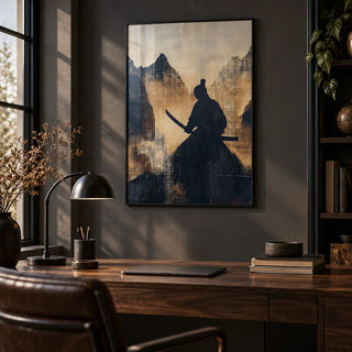Japanese Warrior Art, framed on the wall of a dark home office