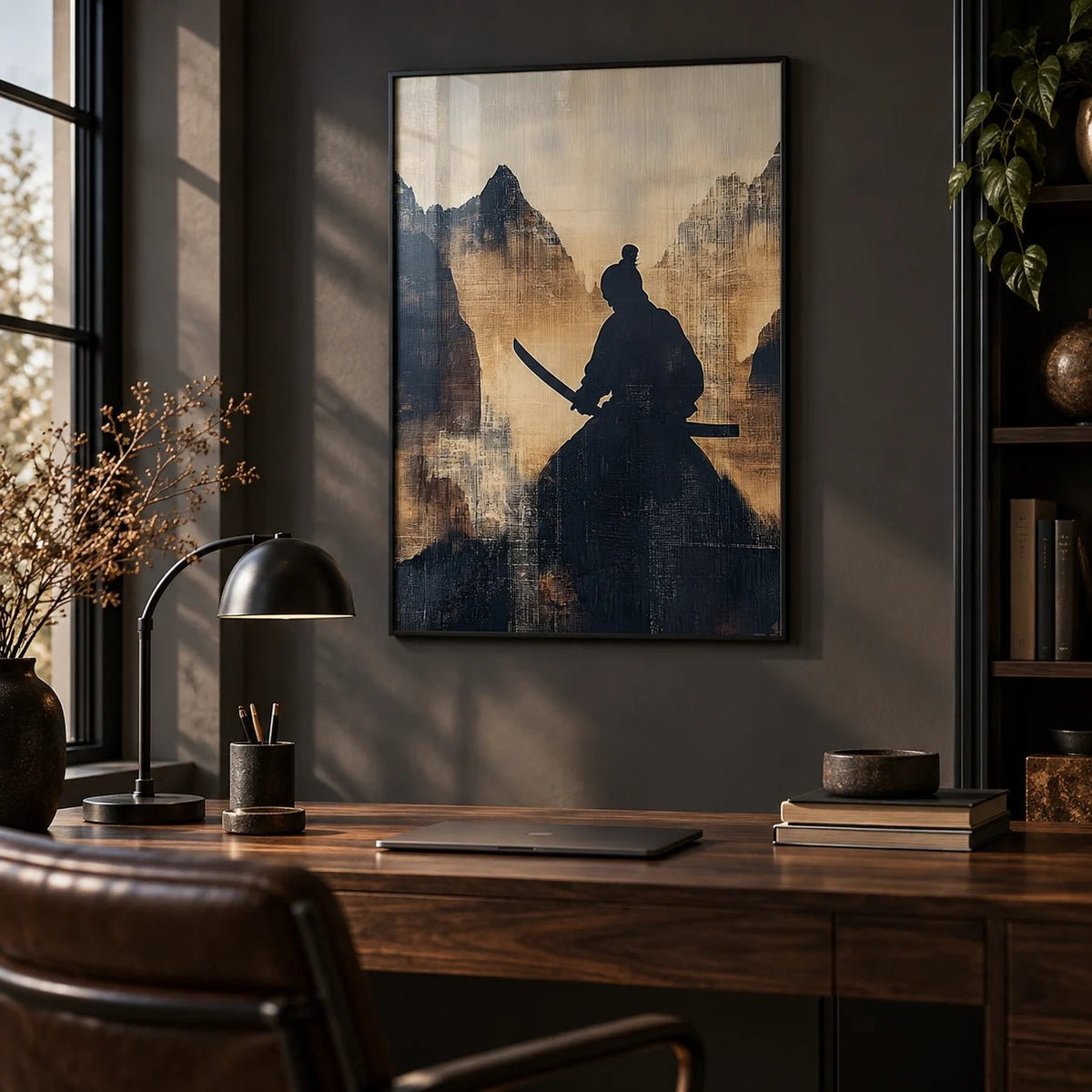 Japanese Warrior Art, framed on the wall of a dark home office
