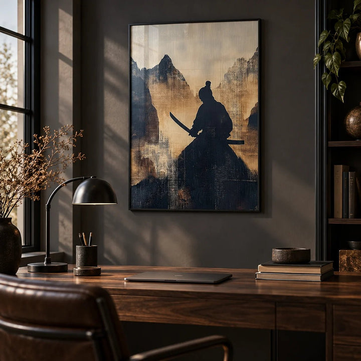 Japanese Warrior Art, framed on the wall of a dark home office