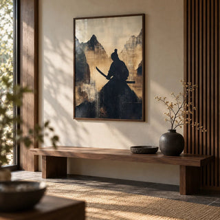Japanese Warrior Art, framed on the wall of a Japanese-style entryway