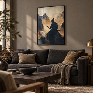 Japanese Warrior Art, framed on the wall of a moody modern living room with a warm grey wall