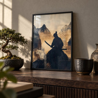 Japanese Warrior Art, a small A4 framed print leaning on a dark wood shelf in a living room