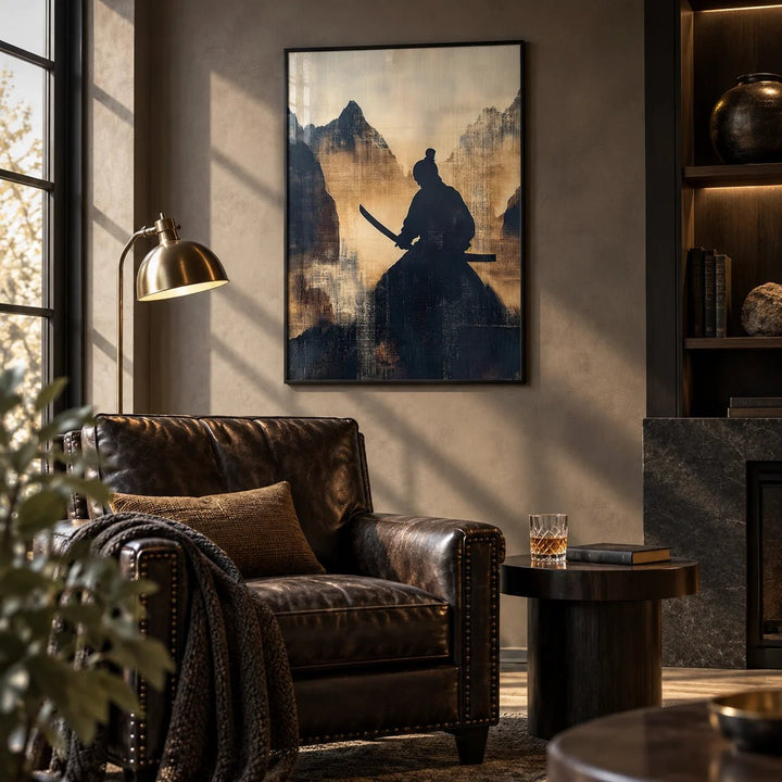 Japanese Warrior Art, framed on the wall of a stylish man cave den in a living room