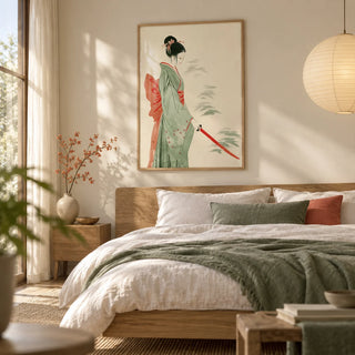 Japanese Watercolor Art, framed on the wall of a calm bedroom with a soft cream wall