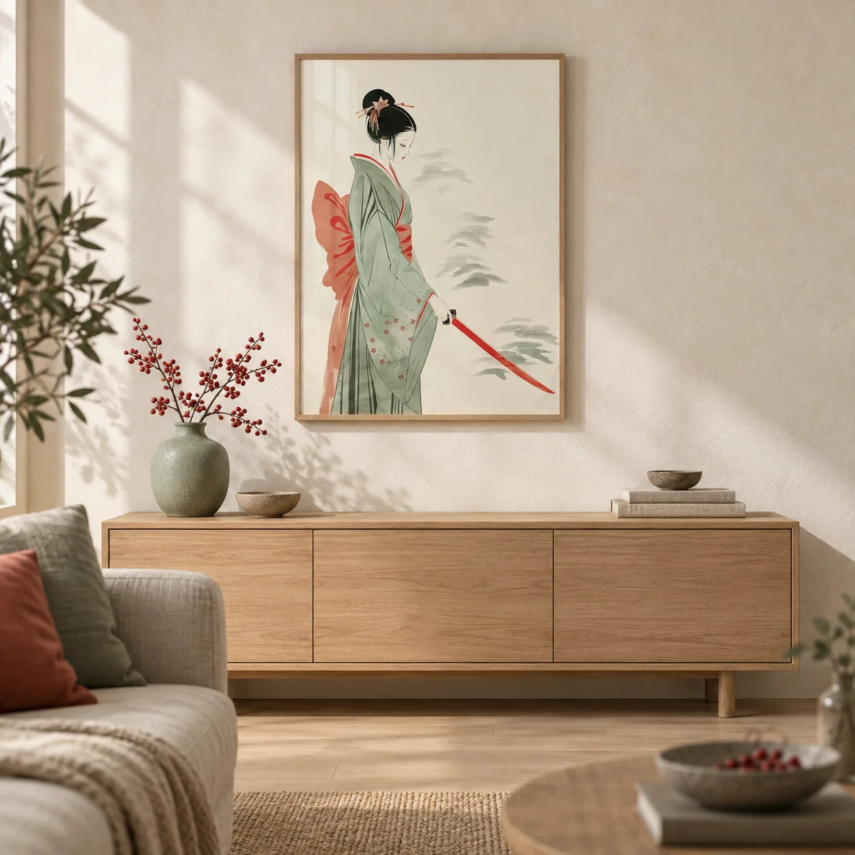 Japanese Watercolor Art, framed on the wall of a calm Japandi living room with a warm white limewashed wall and a pale oak floor