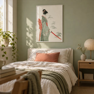Japanese Watercolor Art, framed on the wall of a calm young adult's single bedroom (18-25) with a pale sage green wall