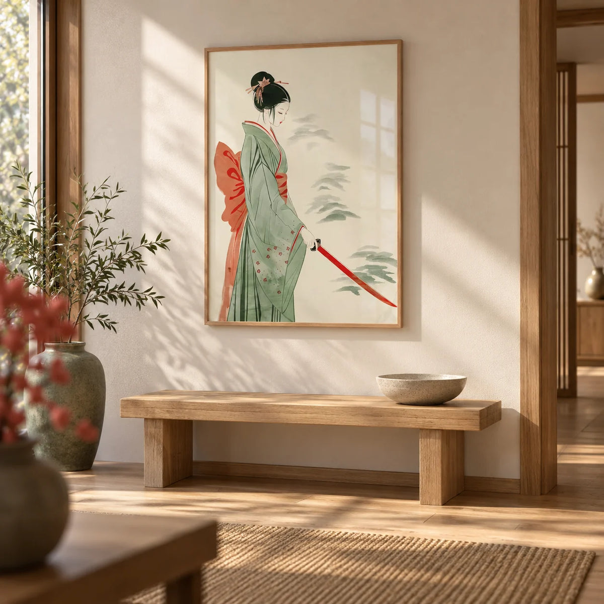 Japanese Watercolor Art, framed on the wall of a Japandi hallway with a pale oak floor and a cream wall