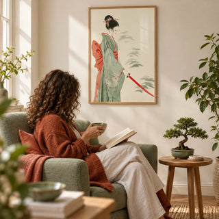 Japanese Watercolor Art, framed on the wall of a quiet reading corner with a cream wall in a living room
