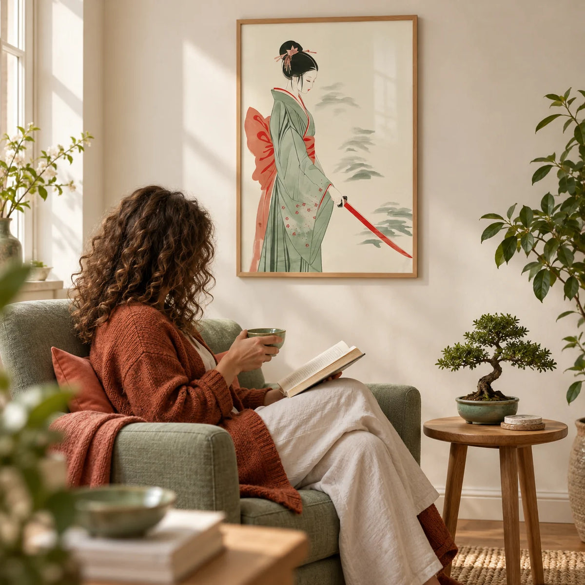 Japanese Watercolor Art, framed on the wall of a quiet reading corner with a cream wall in a living room