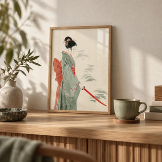Japanese Watercolor Art, a small A4 framed print leaning on an oak shelf in a living room