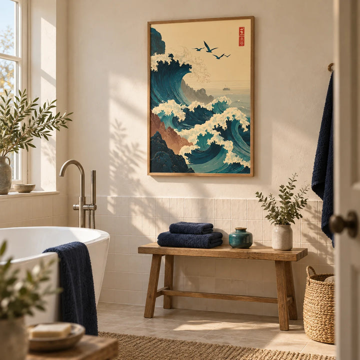 Japanese Wave Art Print, framed on the wall of a calm coastal bathroom in a renovated UK terrace with cream plaster above plain ivory tiles