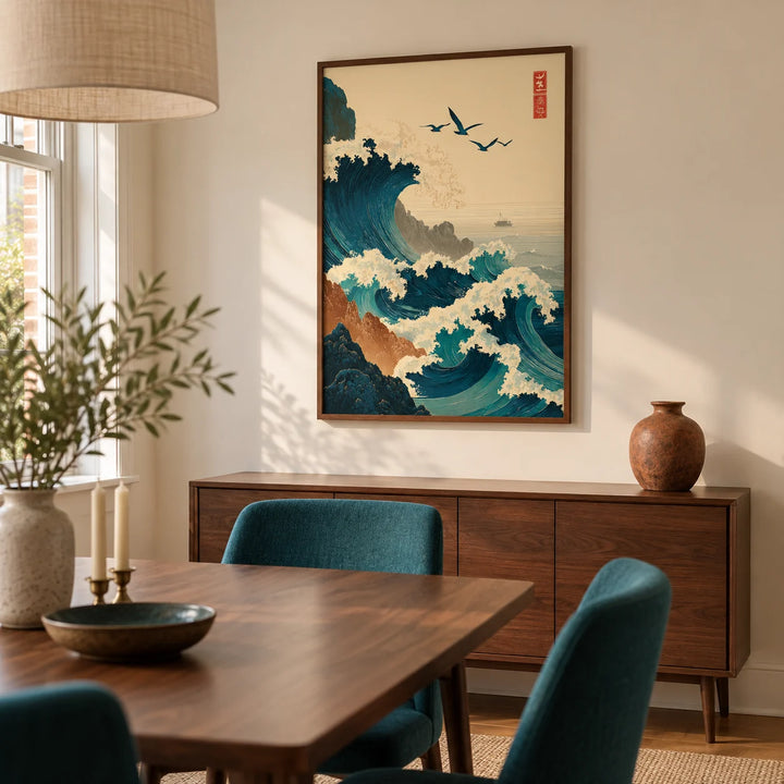 Japanese Wave Art Print, framed on the wall of a compact modern dining room in a UK townhouse with warm ivory walls and a walnut dining table