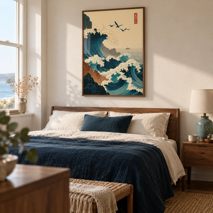 Japanese Wave Art Print, framed on the wall of a peaceful coastal bedroom in a UK home with a warm off-white wall and walnut furniture