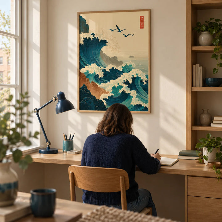 Japanese Wave Art Print, framed on the wall of a quiet study in a UK flat with a pale cream wall and a built-in oak desk