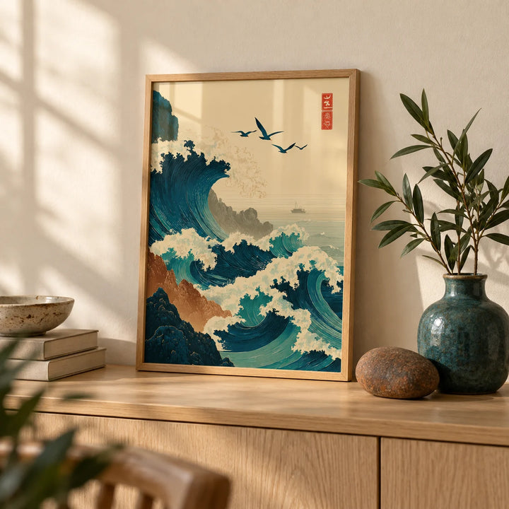 Japanese Wave Art Print, a small A4 framed print leaning on a pale oak side table in a hallway
