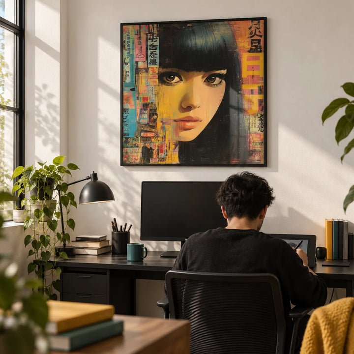 Japanese Woman Art, framed on the wall of a creative home studio with a white wall in a home office