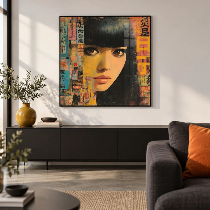 Japanese Woman Art, framed on the wall of a design-led city-flat living room with a polished concrete floor and a white wall