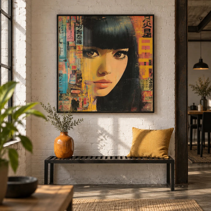 Japanese Woman Art, framed on the wall of an industrial loft hallway with white painted brick