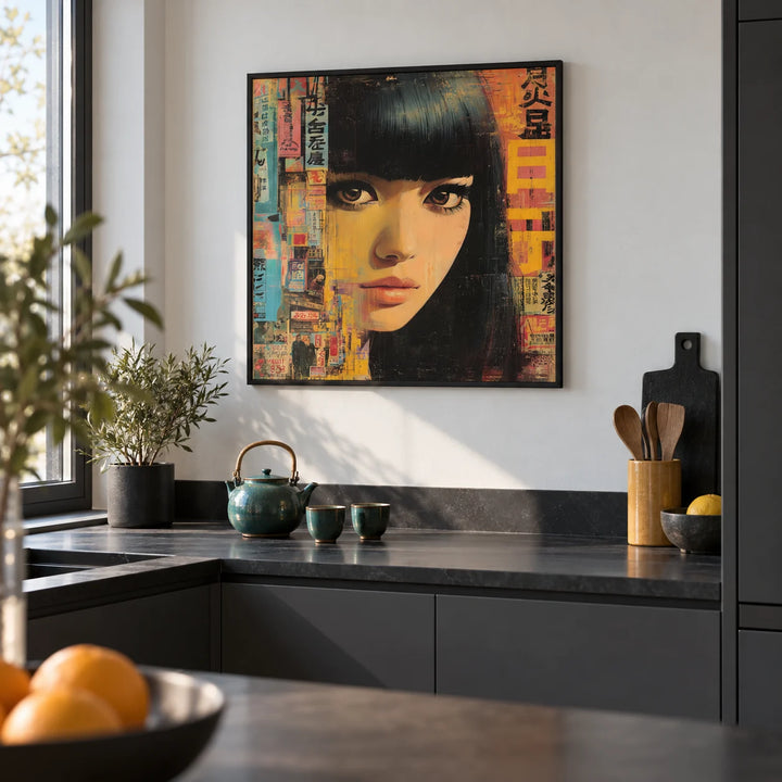 Japanese Woman Art, framed on the wall of a modern kitchen with dark grey cabinets and a white wall