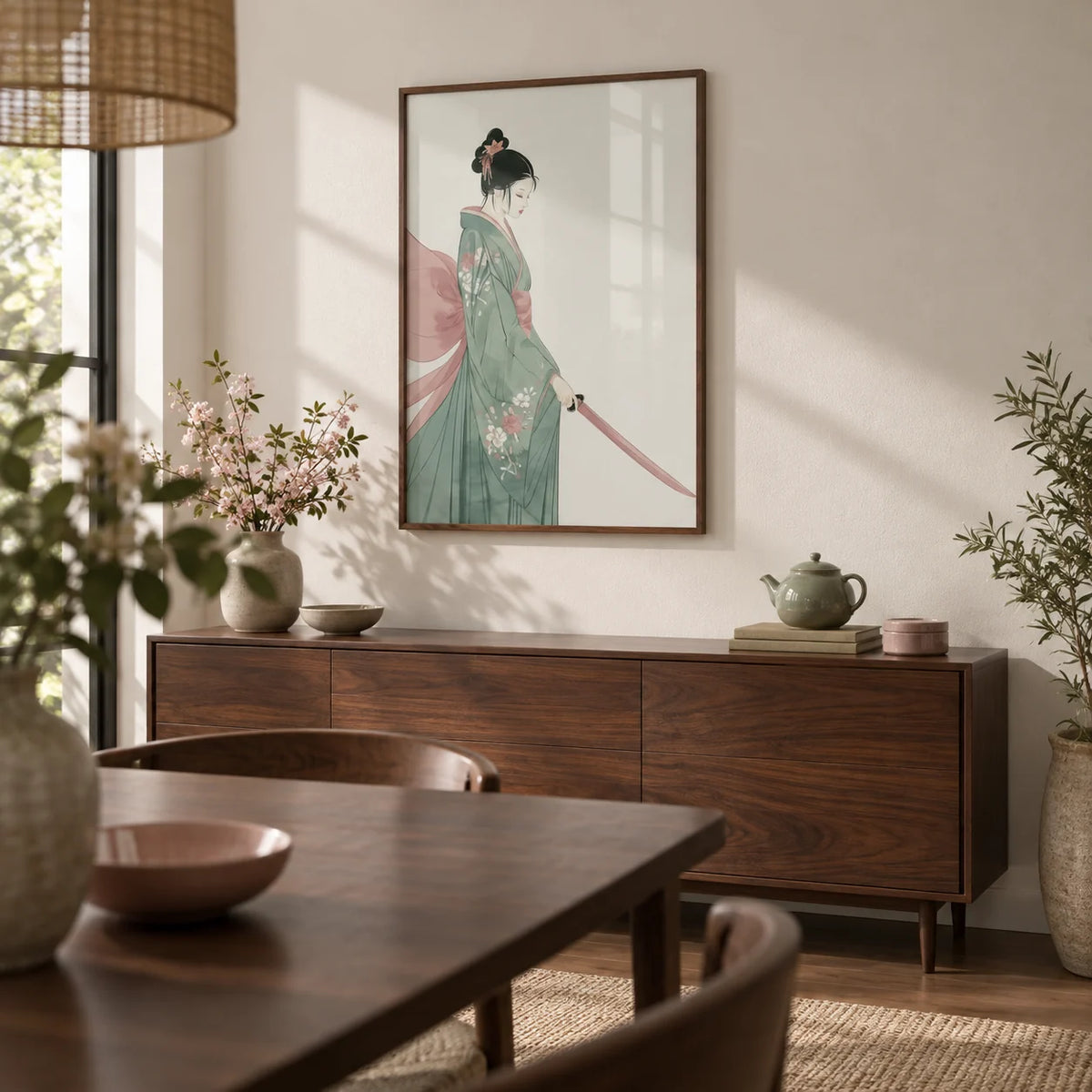Japanese Woman Art Print, framed on the wall of a calm dining room