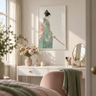 Japanese Woman Art Print, framed on the wall of a calm dressing room