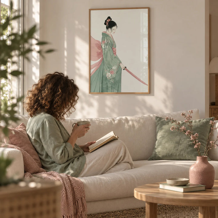 Japanese Woman Art Print, framed on the wall of a calm living room