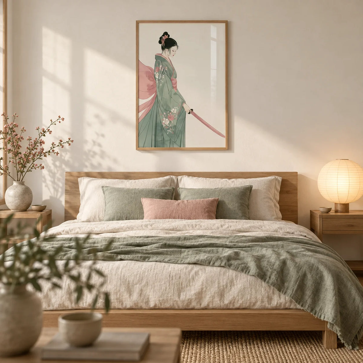 Japanese Woman Art Print, framed on the wall of a serene Japandi bedroom