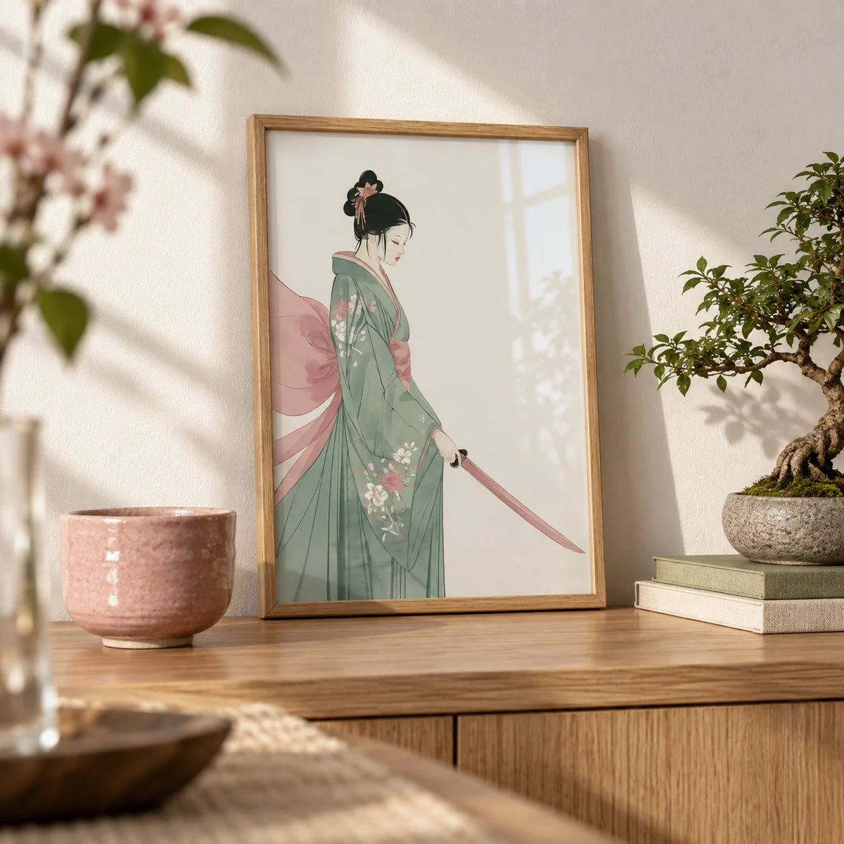 Japanese Woman Art Print, a small A4 framed print leaning on an oak shelf in a living room