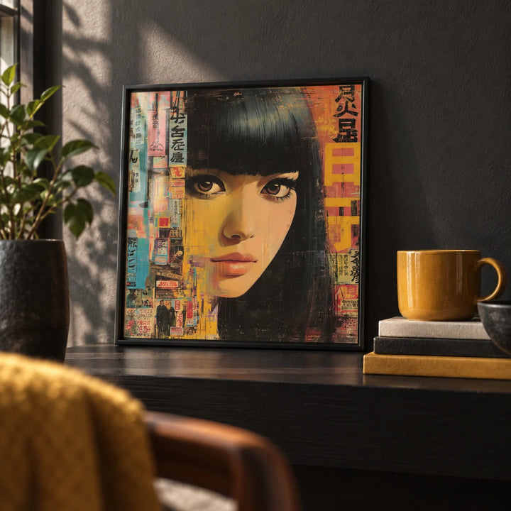 Japanese Woman Art, a small A4 framed print leaning on a black shelf in a living room