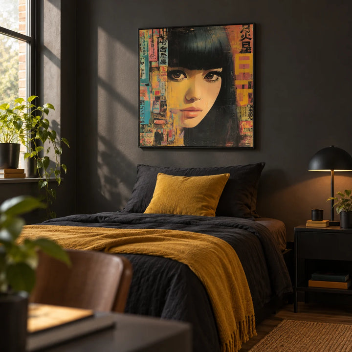 Japanese Woman Art, framed on the wall of a stylish single bedroom for a young adult (18-25) with a charcoal painted wall