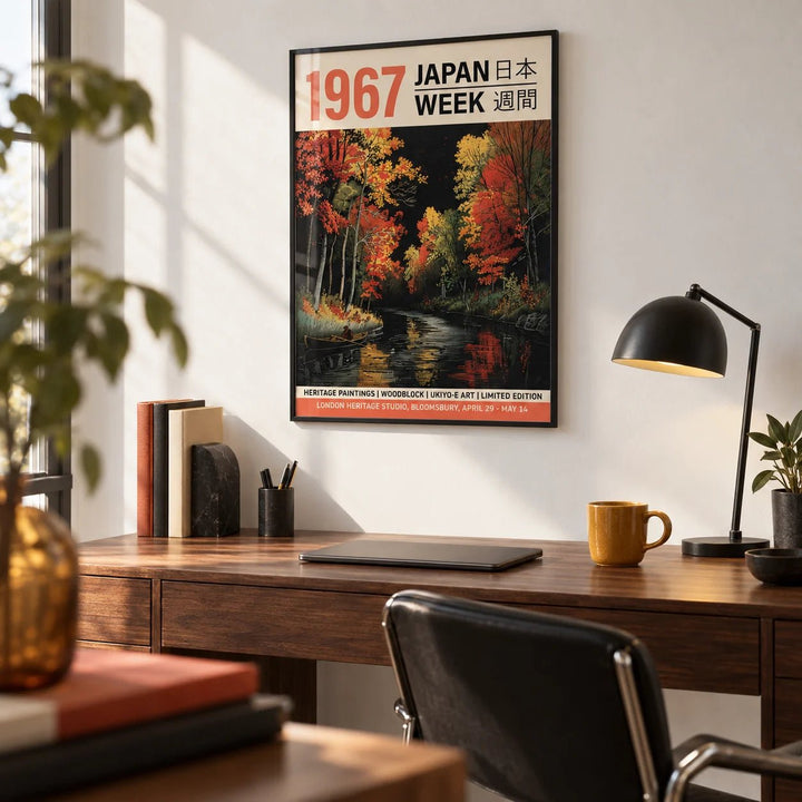 Japanese Woodblock Artwork, framed on the wall of a design-led home office